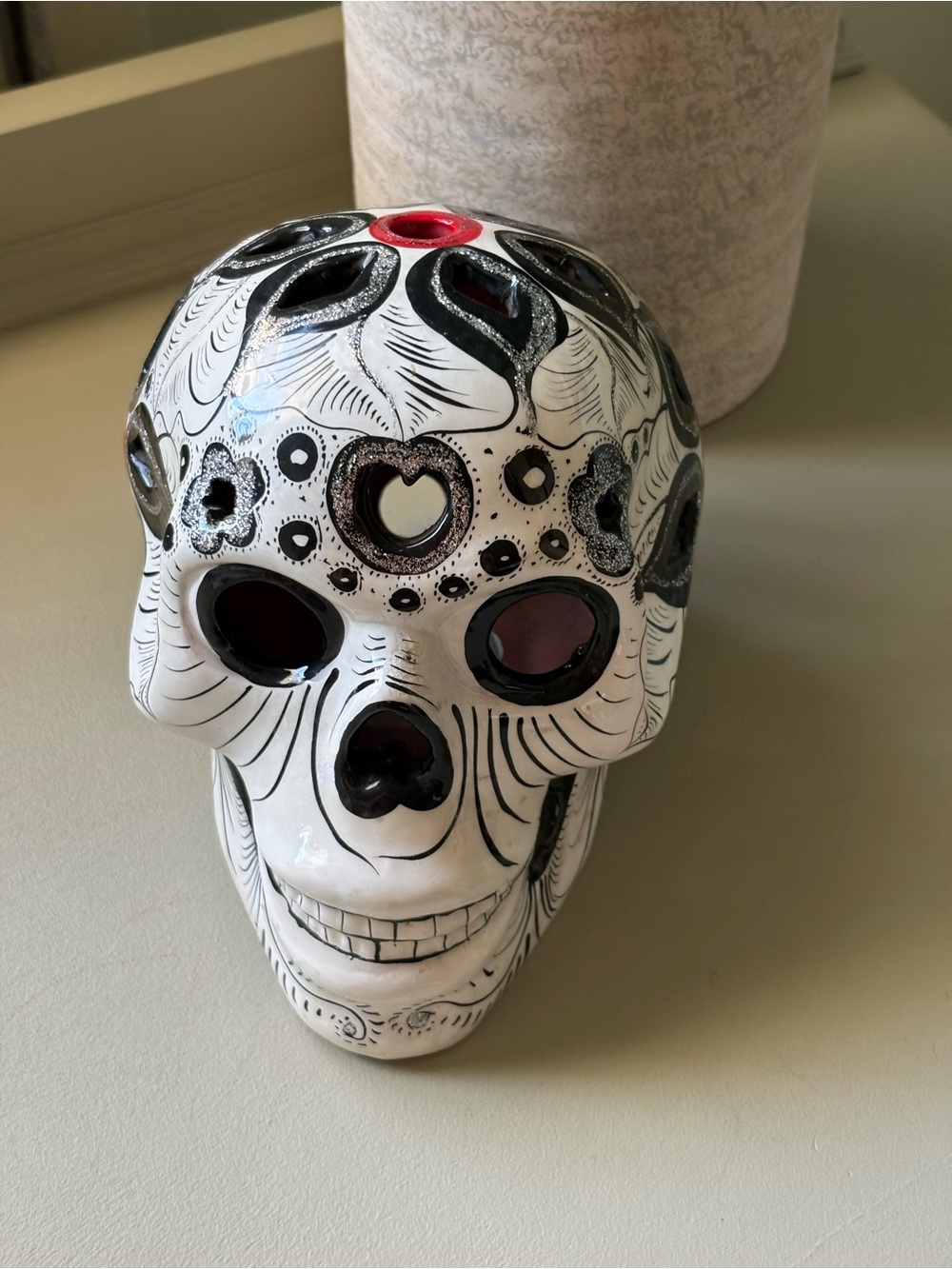 White and Black Decorative Sugar Skull Statue - Home Art